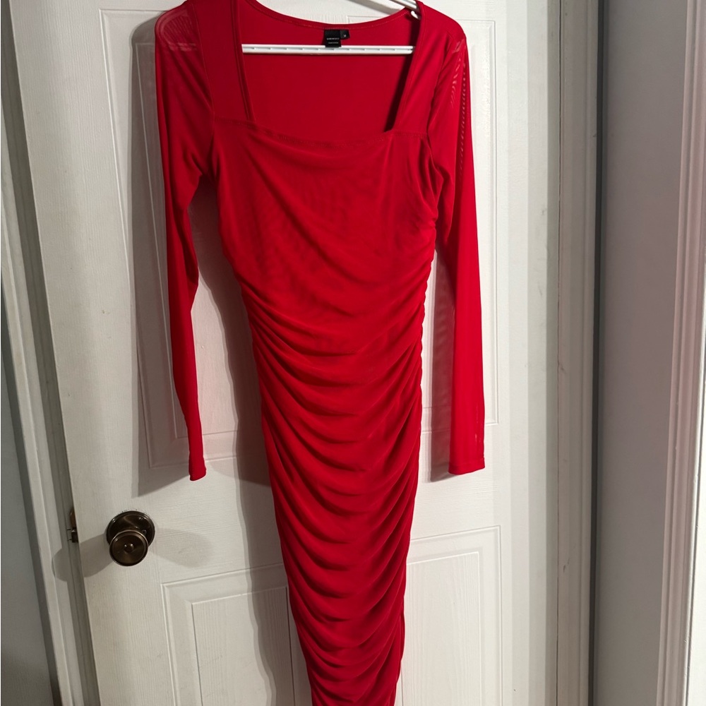 Red Ruched  Long Sleeve Dress